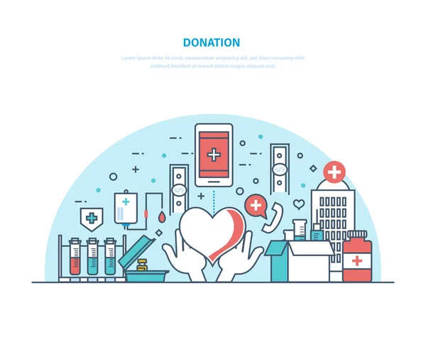 Charity and donation. Financial, monetary and blood donation, volunteer work. — Stock Vector