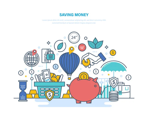 Risparmio di denaro concetto. Accumulo, garanzia finanziaria, investimenti, risparmi, depositi bancari . — Vettoriale Stock