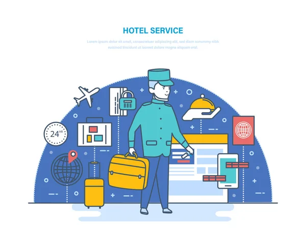 Reserva de hotel en línea, habitación en hotel. Servicios de entrega de equipaje . — Vector de stock