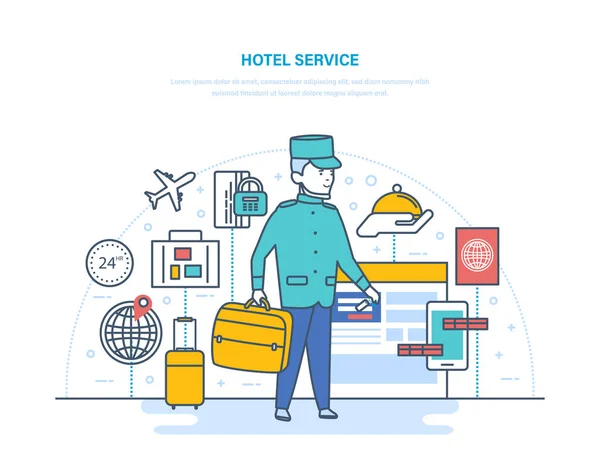 Reserva de hotel en línea, habitación en hotel. Servicios de entrega de equipaje . — Vector de stock