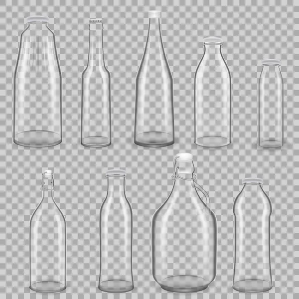 Set realistic template, empty glass transparent bottles for juice, milk — Stock Vector