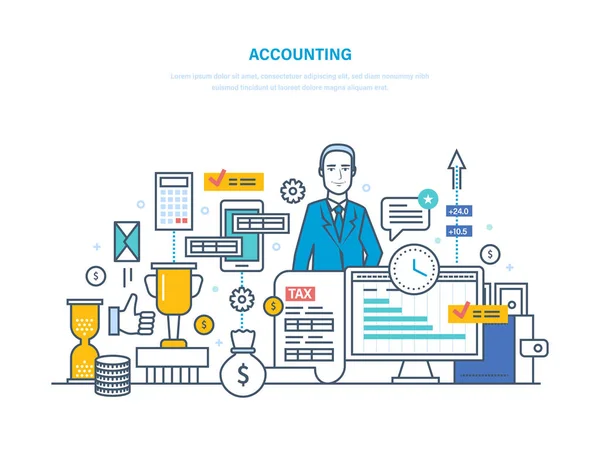 Accounting, analysis, audit. Financial management, market research, working with documentation. — Stock Vector