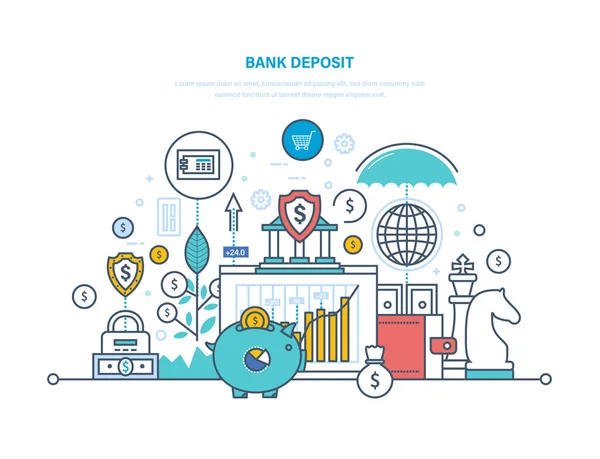 Bankstorting. Financiële bank, sparen, geld groei in bankdeposito. — Stockvector