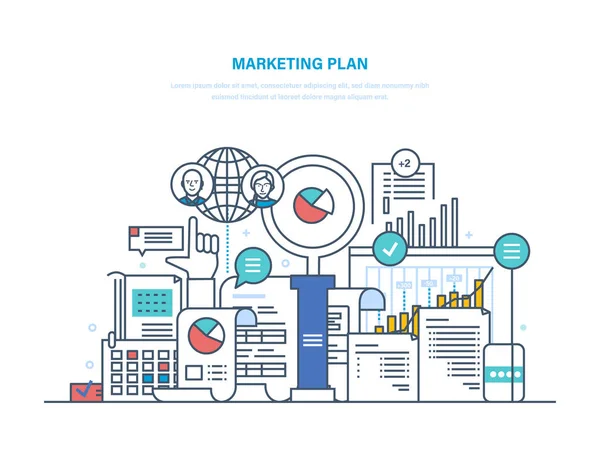Plan de marketing. Promotion, ciblage, étude de marché, stratégie de développement, énoncé de mission . — Image vectorielle