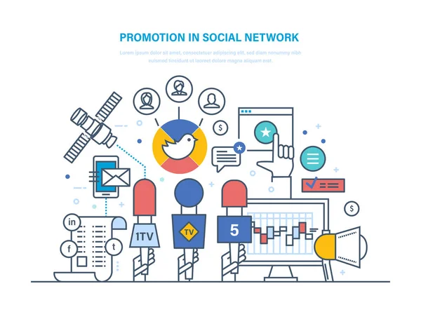 Продвижение в социальной сети. Цифровой маркетинг, реклама, исследования рынка . — стоковый вектор