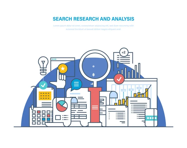 Buscar investigación y análisis. Resolución de problemas, análisis de datos e investigación . — Vector de stock
