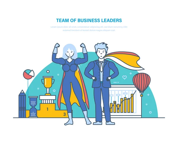 Team of business leaders. Cartoon characters of superheros. Successful businessman. — Stock Vector