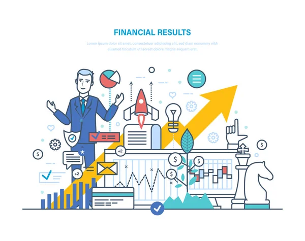 Finansiella resultat. Analys av data, finansiella förvaltningsberättelse, prognos, affärsstrategi. — Stock vektor