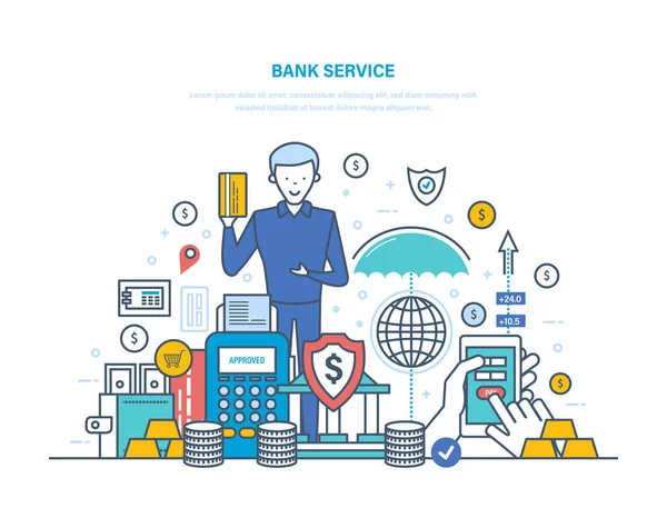 Service bancaire. Service à distance, service à la clientèle, transactions avec transferts d'argent . — Image vectorielle