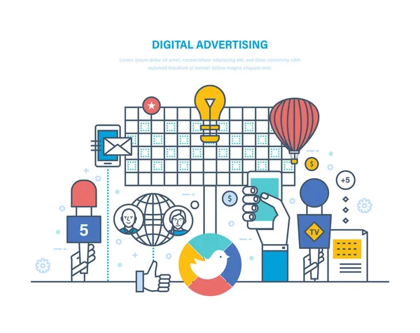 Digital annonsering, riktade interaktivt innehåll marknadsföring, media planering, märkesreklam. — Stock vektor