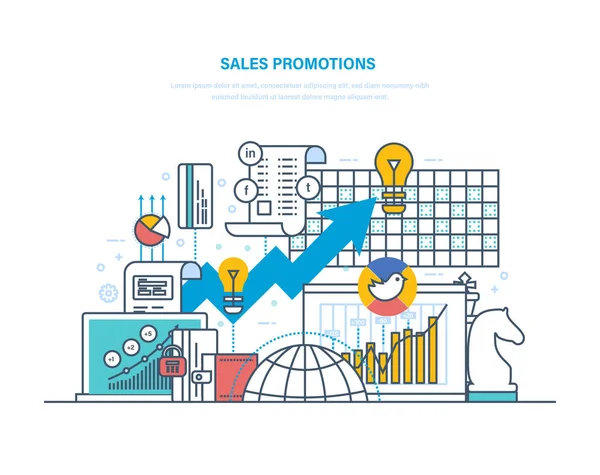 Promoções de vendas. Segmentação, pesquisa de mercado, marketing, planejamento e análise de negócios . — Vetor de Stock