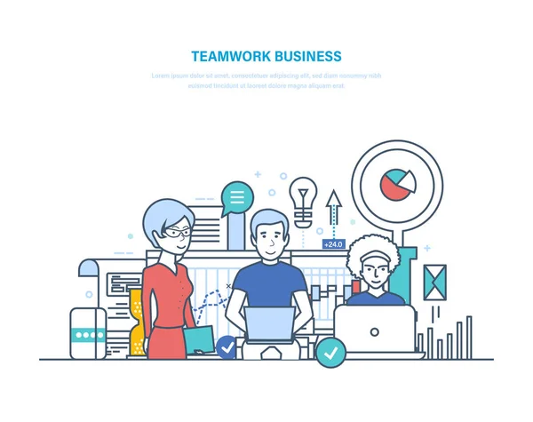 Business teamwork, start-up, brainstorming. Cooperation, partnership with colleagues, collaboration. — Stock Vector