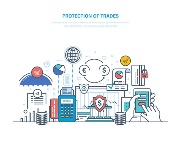 Ochrana obchodu, investic a aukce. Finanční burzy, e-commerce. — Stockový vektor