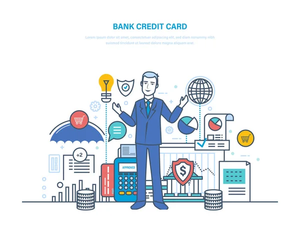 Cartão bancário de crédito. Cartão de pagamento, transações seguras, volume de negócios sem numerário . — Vetor de Stock