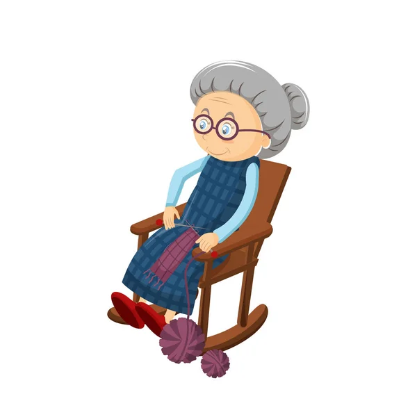 Old gray-haired grandmother, sits in cozy chair rocking, embroidering, knitting. — Stock Illustration Old gray-haired grandmother, sits in cozy chair rocking, embroidering, knitting. Stock Illustration