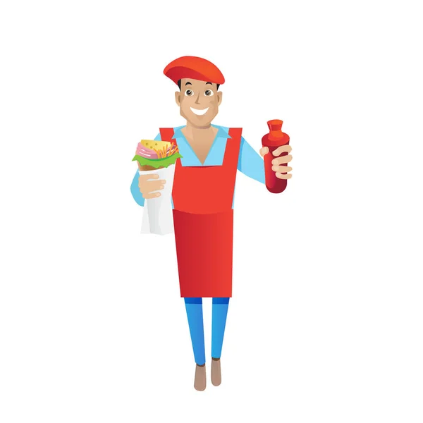 Seller of hamburger, fast food, in branded clothes and cap. — Stock Vector
