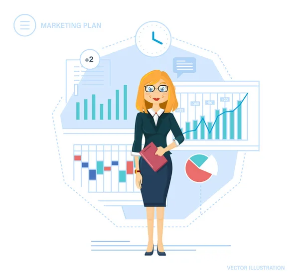 Marketing plan. Control, time management, planning, growth finance, achievements goals. — Stock Vector