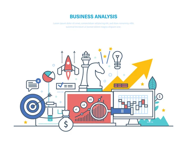 Análisis de negocios, creación de planes, planificación de estrategias. Datos de investigación de marketing, análisis . — Vector de stock