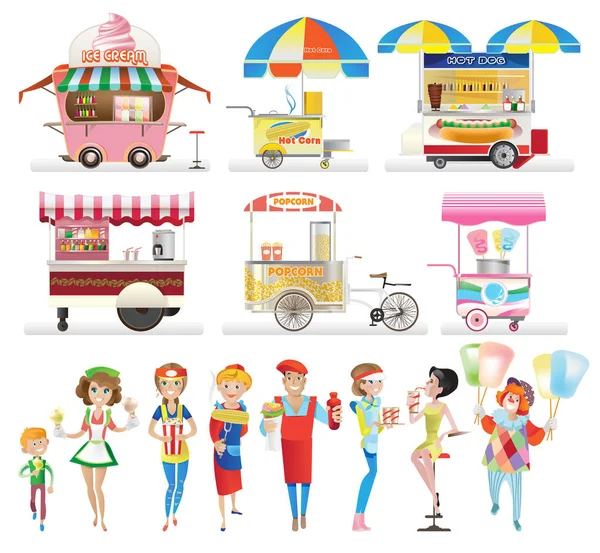 Conjunto de comida de rua. Balcões comerciais, carrinhos. Pessoas, vendedores, compradores . — Vetor de Stock