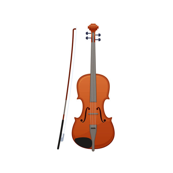 Realistic wooden musical violin, with wand. Carved classical musical instrument.