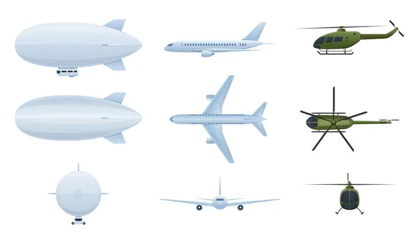 Lucht voertuigen. Lucht ballon aerostat, helikopters, vliegtuigen in verschillende hoeken. — Stockvector