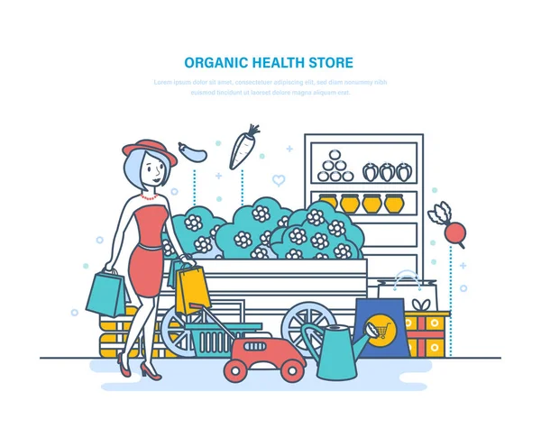 Ekologiska hälsobutik. Shopping produkter, jordbruk, Trädgårdsskötsel, köpa i snabbköpet. — Stock vektor