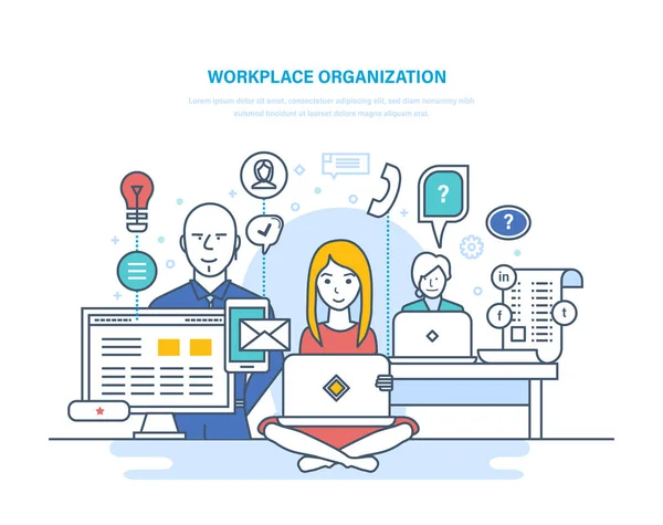 Organización del lugar de trabajo. Cooperación, asociaciones, trabajo en equipo, sala de oficina interior, coworking, colaboración . — Vector de stock