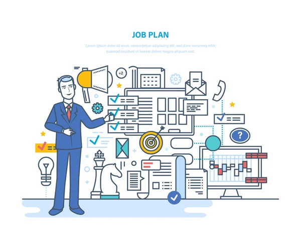 Plan de travail. Gestion du temps, planification des objectifs opérationnels, contrôle, organisation . — Image vectorielle