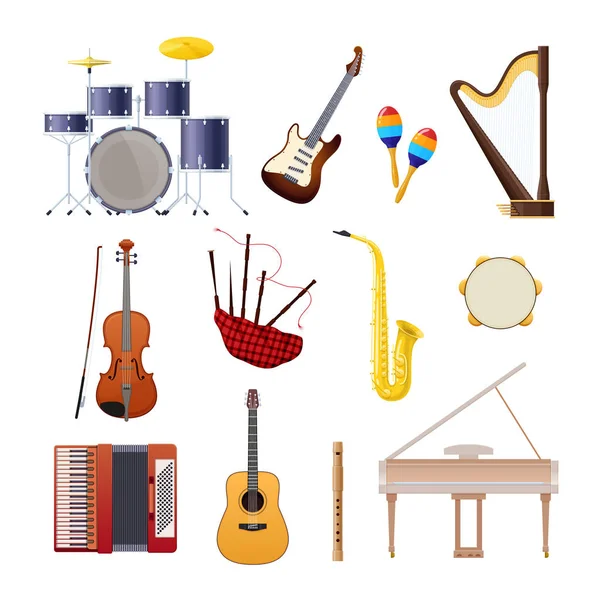 Verzameling van klassieke houten en metalen muziekinstrumenten. — Stockvector