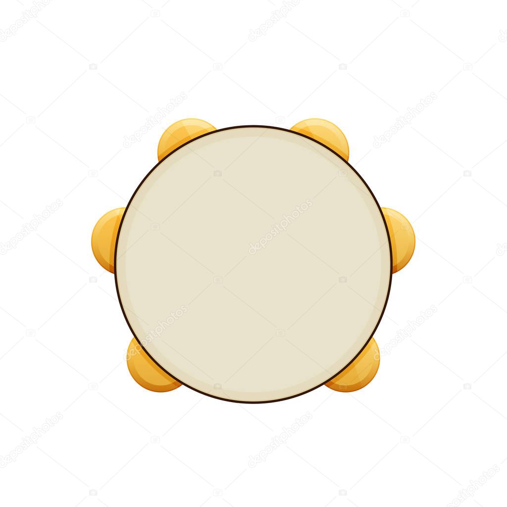 Wooden musical percussion instrument. Tambourine with metal plates.