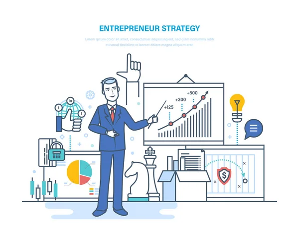 De strategie van de ondernemer. Ontwikkeling van zakelijke processen en technologieën, start-up projecten. — Stockvector