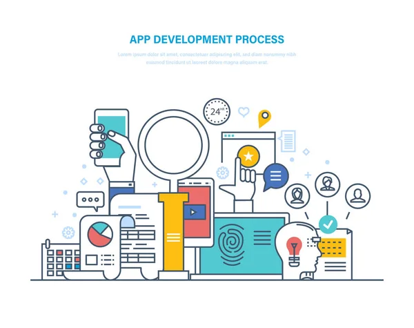 Procesul de dezvoltare a aplicațiilor. Tehnologii informaționale, programare, codificare, web design . — Vector de stoc
