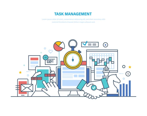 Het beheer van de taak, productiviteit, planning, coördinatie. Time management, business analyse, onderzoek. — Stockvector
