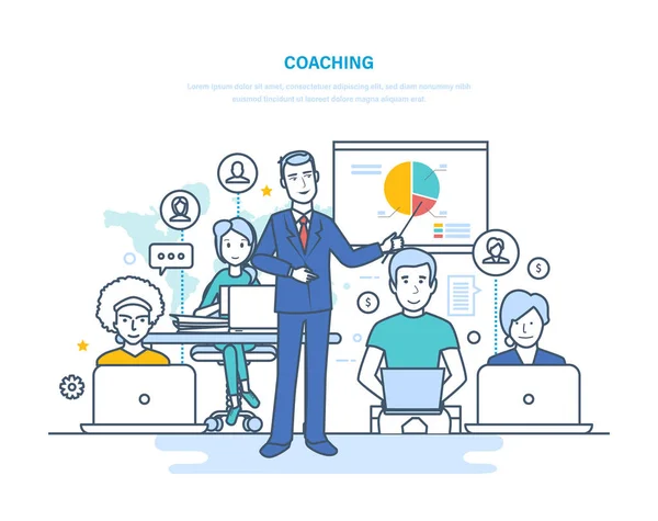 Vállalati, coaching, tréning, oktatás, online oktatás, üzletemberek, üzleti tanulási. — Stock Vector