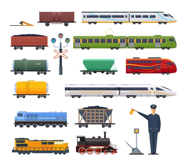 Demiryolu çeşitli vagonlar yolcu ve kargo ile lokomotif. — Stok Vektör