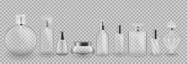 Set, colección de envases cosméticos de vidrio. Maqueta realista, plantillas . — Vector de stock