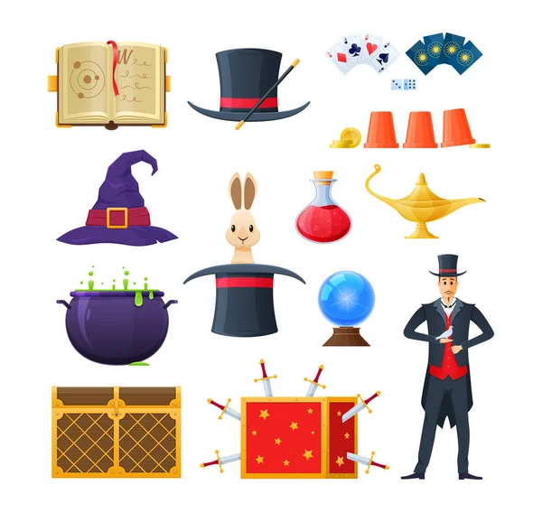 Concept magie, vêtements, potions, outils et accessoires. Livre d'orthographe, cartes, potions . — Image vectorielle