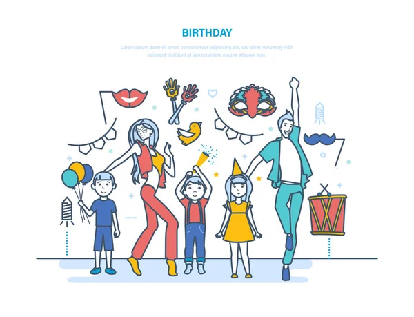 Adultes et enfants personnages de dessins animés célèbrent l'événement avec anniversaire . — Image vectorielle