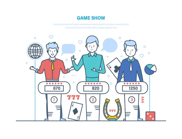 Spielshow. Teilnehmer des Show-Play-Quiz beantworten logische Fragen. — Stockvektor