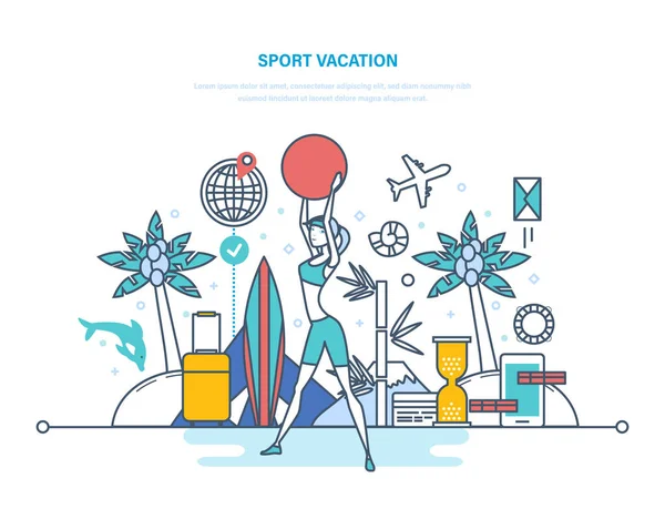 Vacances sportives. Mode de vie sain et actif. Fitness, athlétisme, saine alimentation . — Image vectorielle