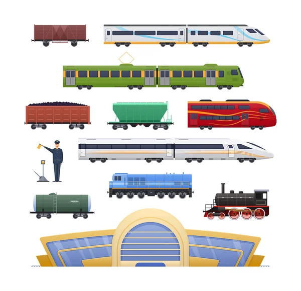 Locomotora ferroviaria con varios vagones de pasajeros y carga . — Vector de stock