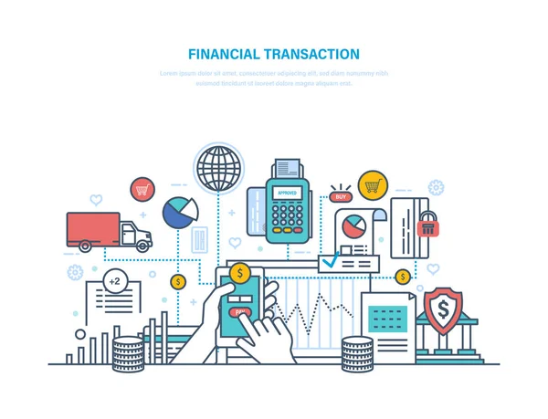 Transacciones financieras. Contribución dinero, depósitos en efectivo, cambio de moneda, transferencias . — Archivo Imágenes Vectoriales