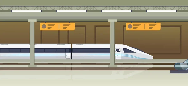 Σύγχρονο γρήγορο τρένο στον σιδηροδρομικό σταθμό. Σιδηροδρομικές μεταφορές τύπου, ατμομηχανή. — Διανυσματικό Αρχείο