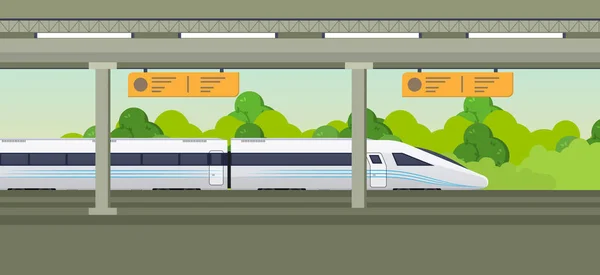 Moderno treno veloce sulla stazione ferroviaria. Trasporto ferroviario, locomotiva . — Vettoriale Stock