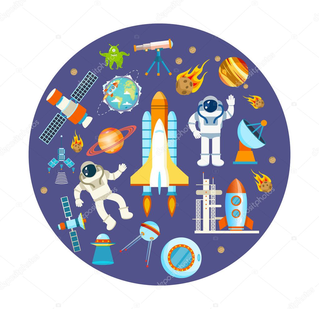 Set of space objects. Space theme, flight astronaut on ship.