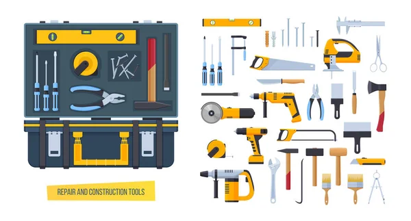 Reparação, ferramentas de construção. Caixa de trabalho com ferramentas para medição, desmontagem . — Vetor de Stock