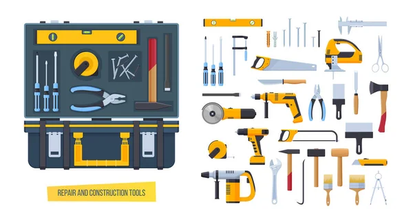 Reparação, ferramentas de construção. Caixa de trabalho com ferramentas para medição, desmontagem . —  Vetores de Stock