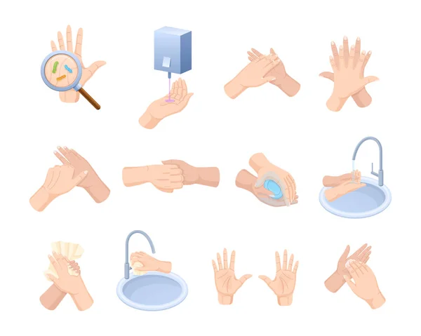 Medical instruction stages proper care hands, washing, preventive maintenance bacteria. — Stock Vector