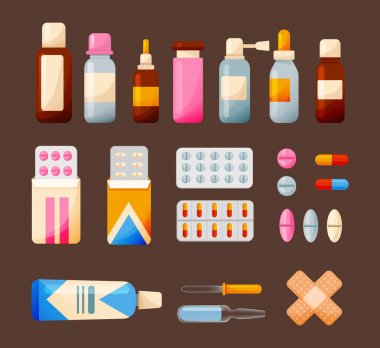 Sağlık elemanları ve ilaçlar: Tablet, şuruplar, damla, merhem, ekipman.