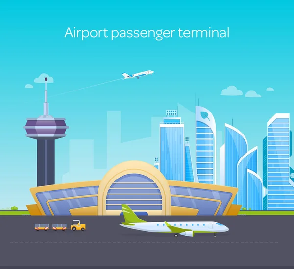 Terminal de pasajeros del aeropuerto, pista con aviones, edificio del aeropuerto, clientes de servicio . — Vector de stock